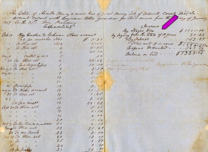 1859 - Slavery Document - 3 page Handwritten Account of Expenses Including Hire of Negroes