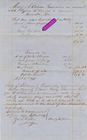 1863 - Wilcox County, Alabama Slavery Document - Final Account for Minor including Hire of Negro during the Civil War