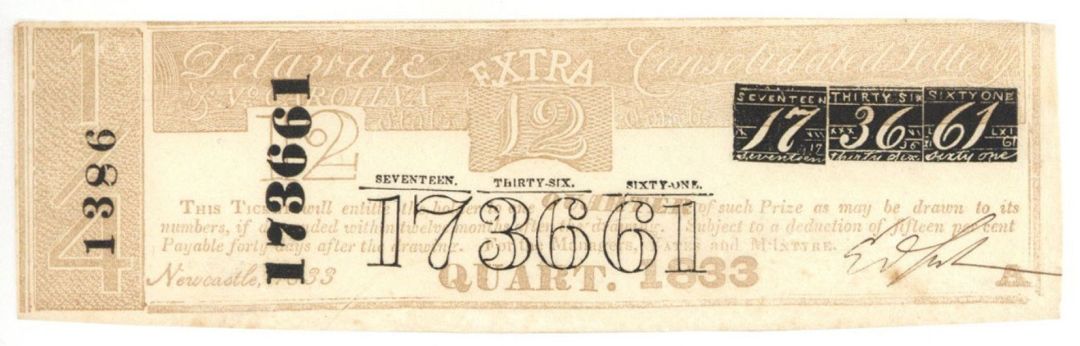 1833 dated Lottery Ticket - Newcastle Delaware - Americana