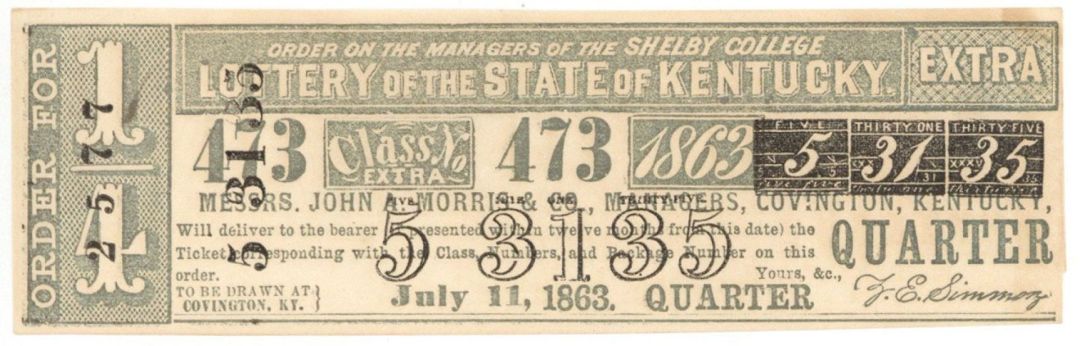 1863 Lottery Ticket - Covington, Kentucky - Americana