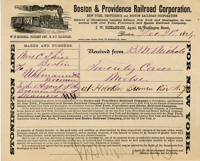 1874 dated Shipping Receipt - Boston and Providence Railroad Corporation - Americana