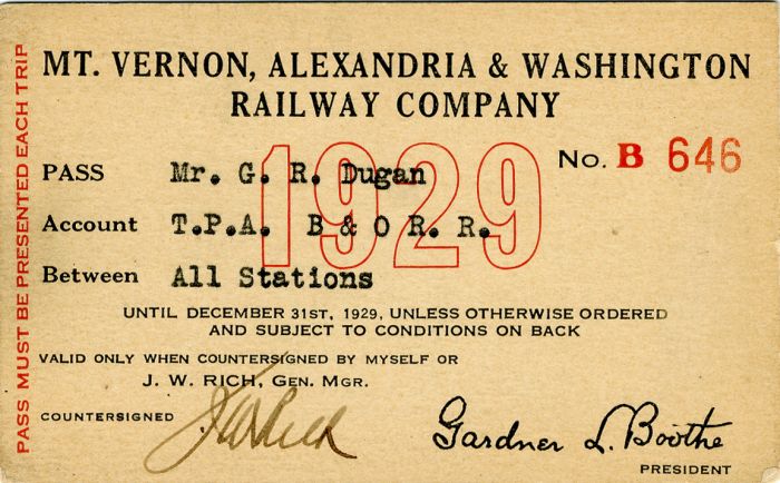 Mt. Vernon, Alexandria and Washington Railway Co. Railroad Pass - Americana