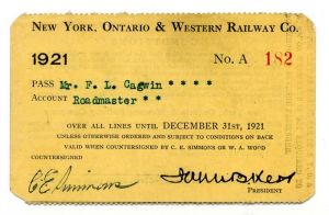 New York, Ontario and Western Railway Co. Railroad Pass - Americana