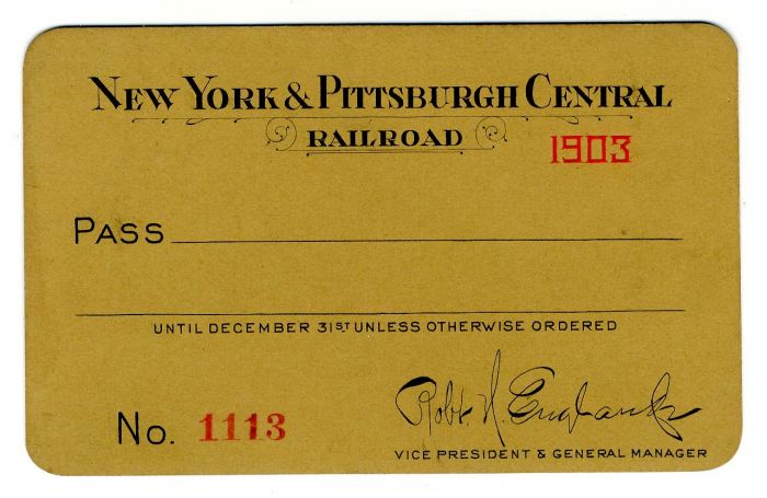 New York and Pittsburgh Central Railroad Railroad Pass - Americana