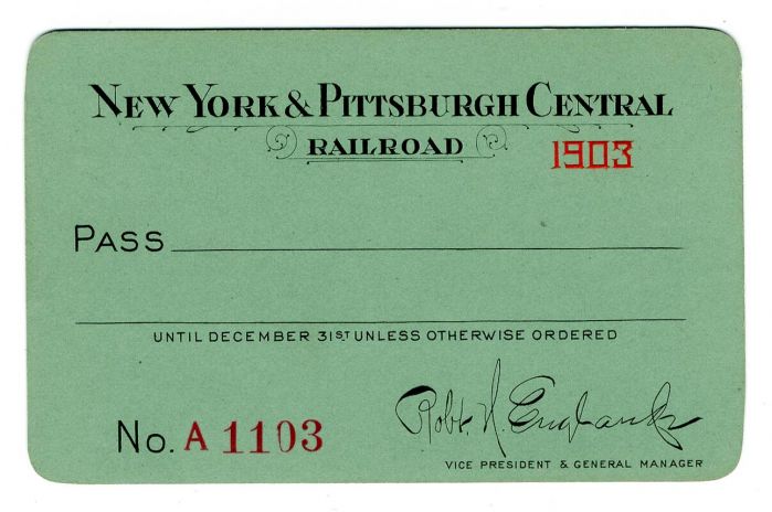 New York and Pittsburgh Central Railroad - 1903 dated Railroad Pass - Americana