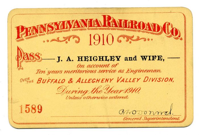 Pennsylvania Railroad Co. Railroad Pass - 1910 dated Americana