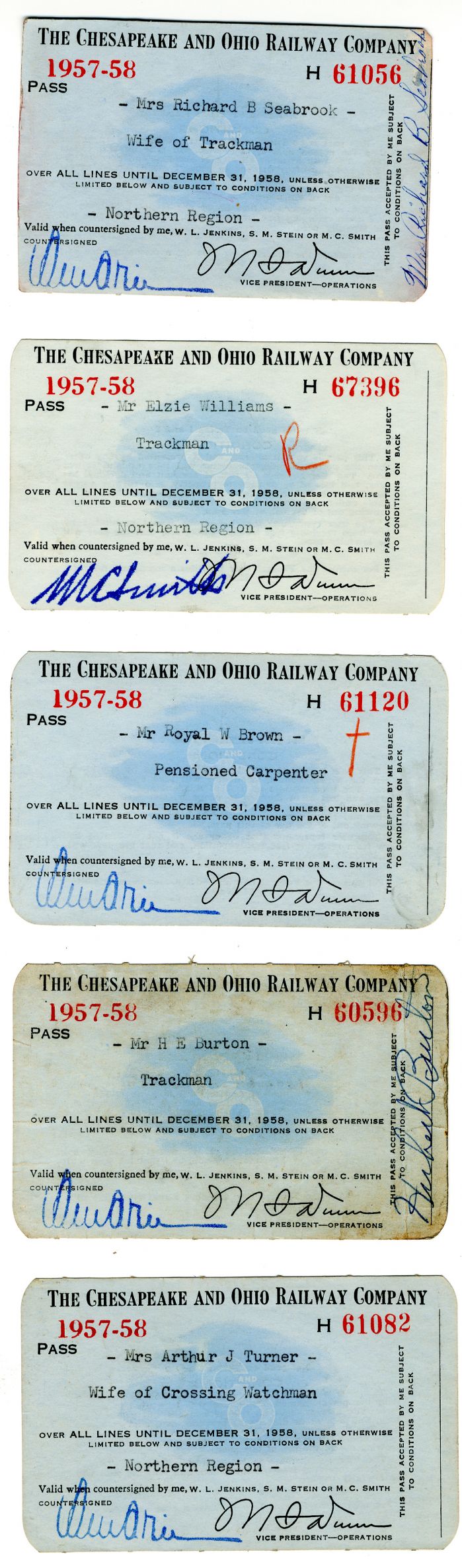 Set of 5 Railroad Passes - 1957-58 dated Americana