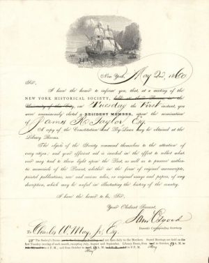 New York Historical Society Membership Certificate Letter - Americana