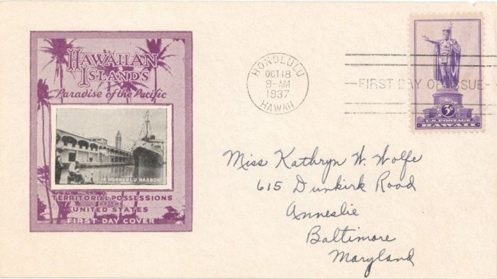 First Day Issue Cover - Hawaiian Islands - 1937 dated Americana Envelope