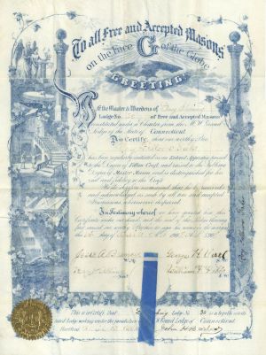 Masonic Document dated 1908 - Day Spring Lodge, Connecticut - Gorgeous Graphics in Blue Ink - Americana
