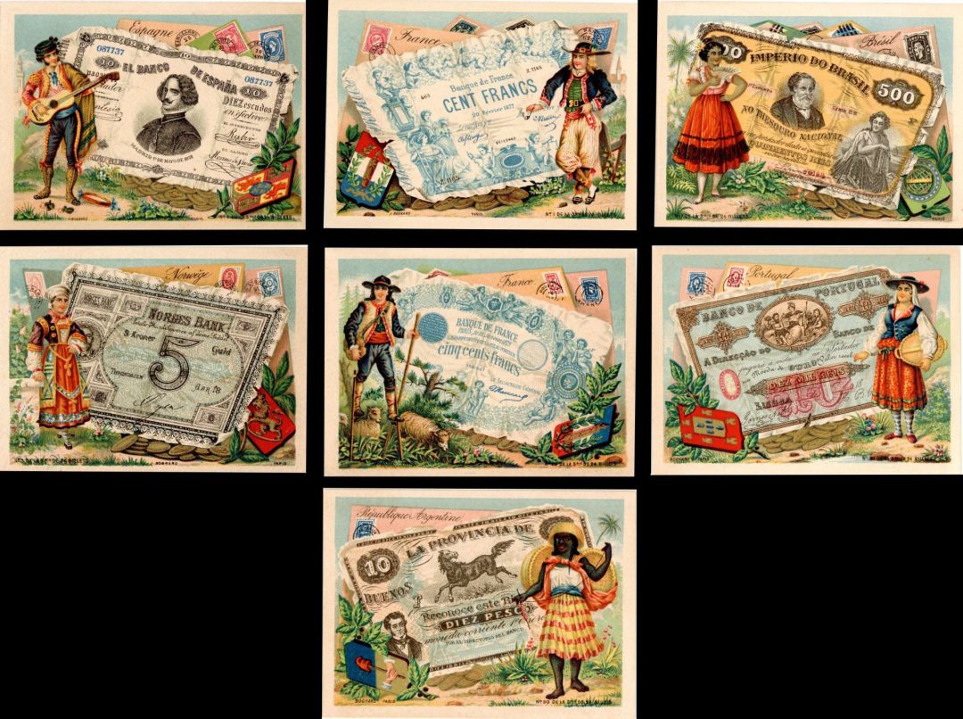 Set of 7 Trade Cards of Foreign Paper Money - Americana