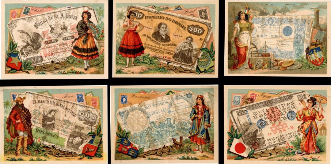 Set of 6 Trade Cards of Foreign Paper Money - Americana