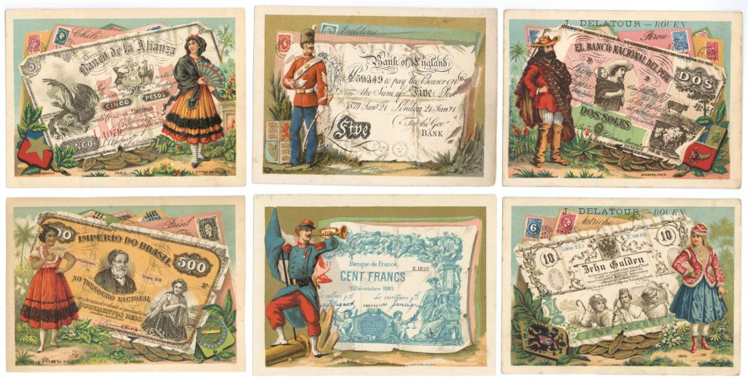 Trade Card of Foreign Paper Money - Choose from 6 different Pieces Shown - Please Specify Type - 1870's-1880's dated Americana - 1 Postcard Per Order