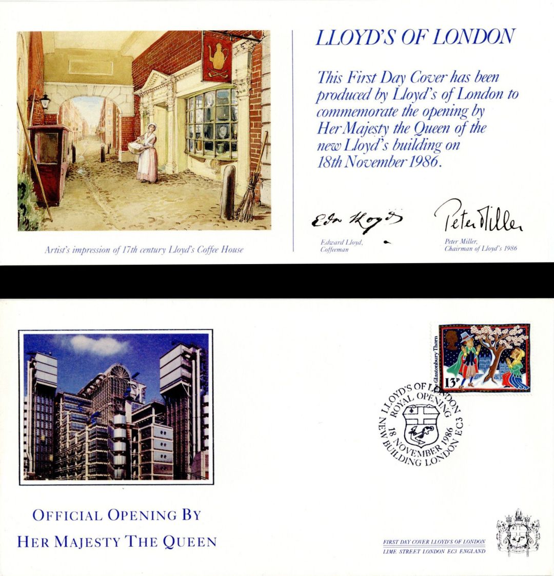 Lloyd's of London 1st Day Cover and Envelope dated 1986