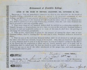  Endowment of Franklin College dated 1851 - Americana