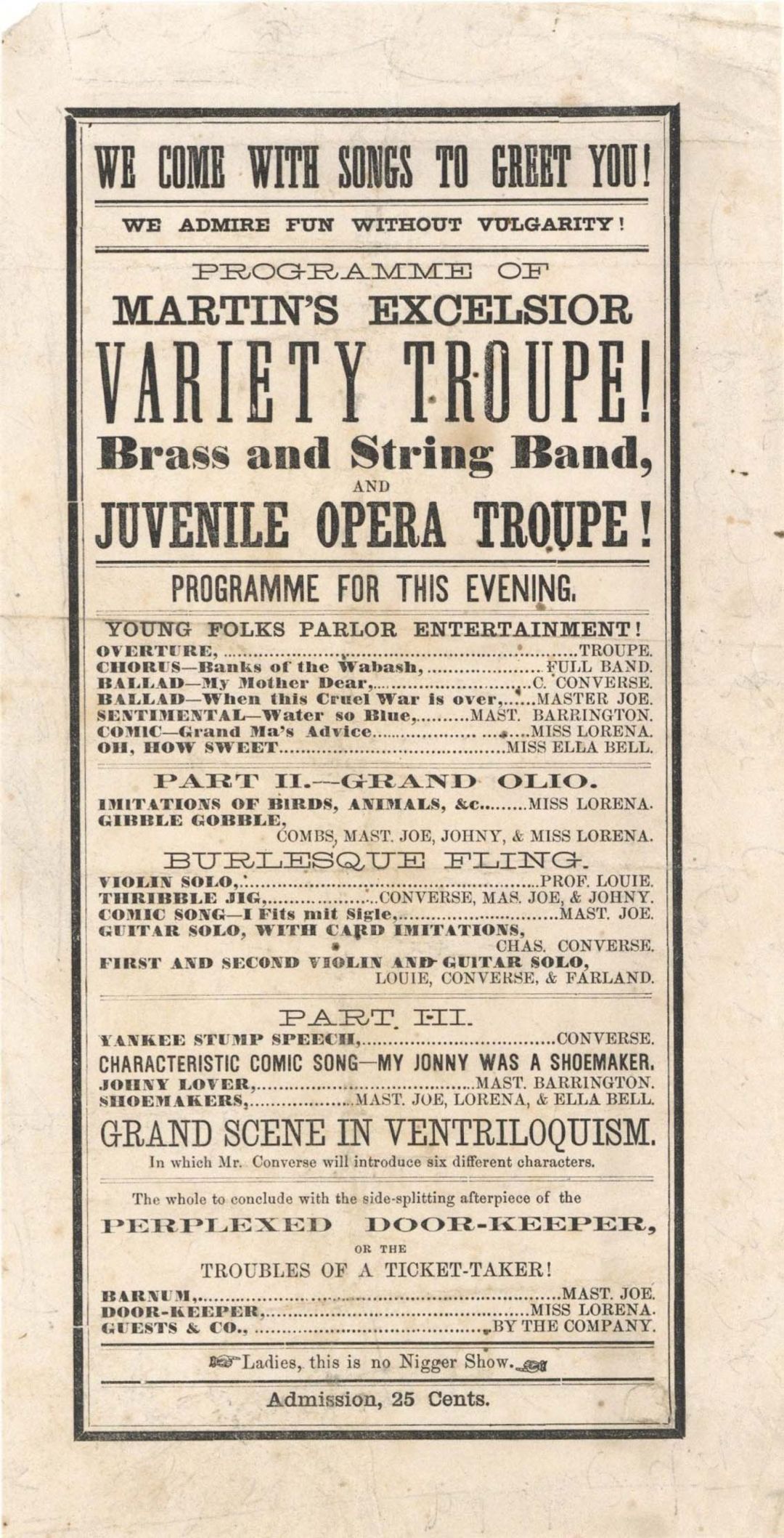 (1863) Ad for Martin's Excelsior Variety Troupe -  Americana