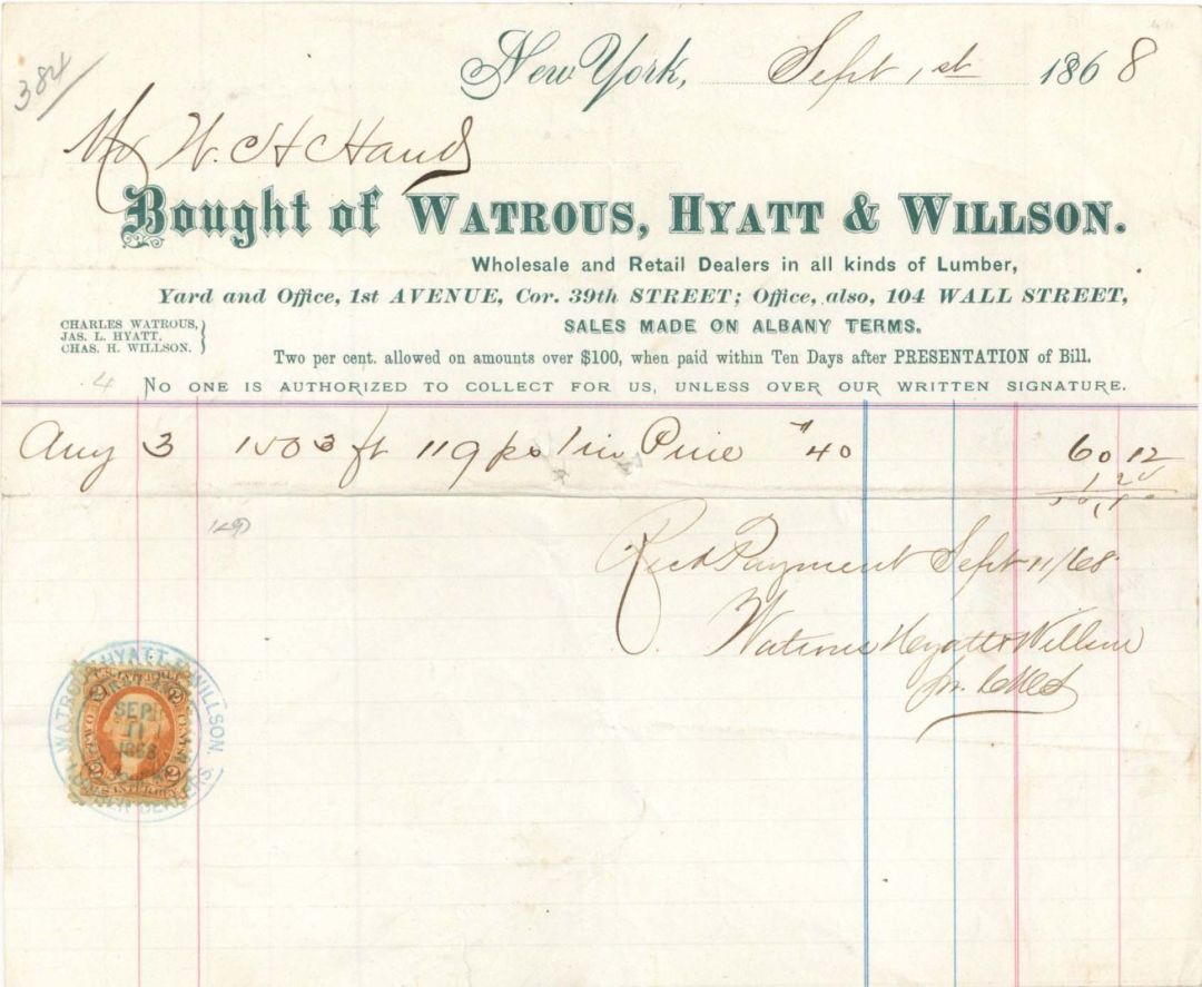 Receipt from Watrous, Hyatt and Willson with Revenue Stamp - 1868 dated Americana