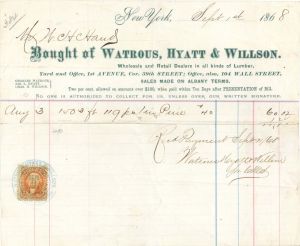 Receipt from Watrous, Hyatt and Willson with Revenue Stamp - 1868 dated Americana