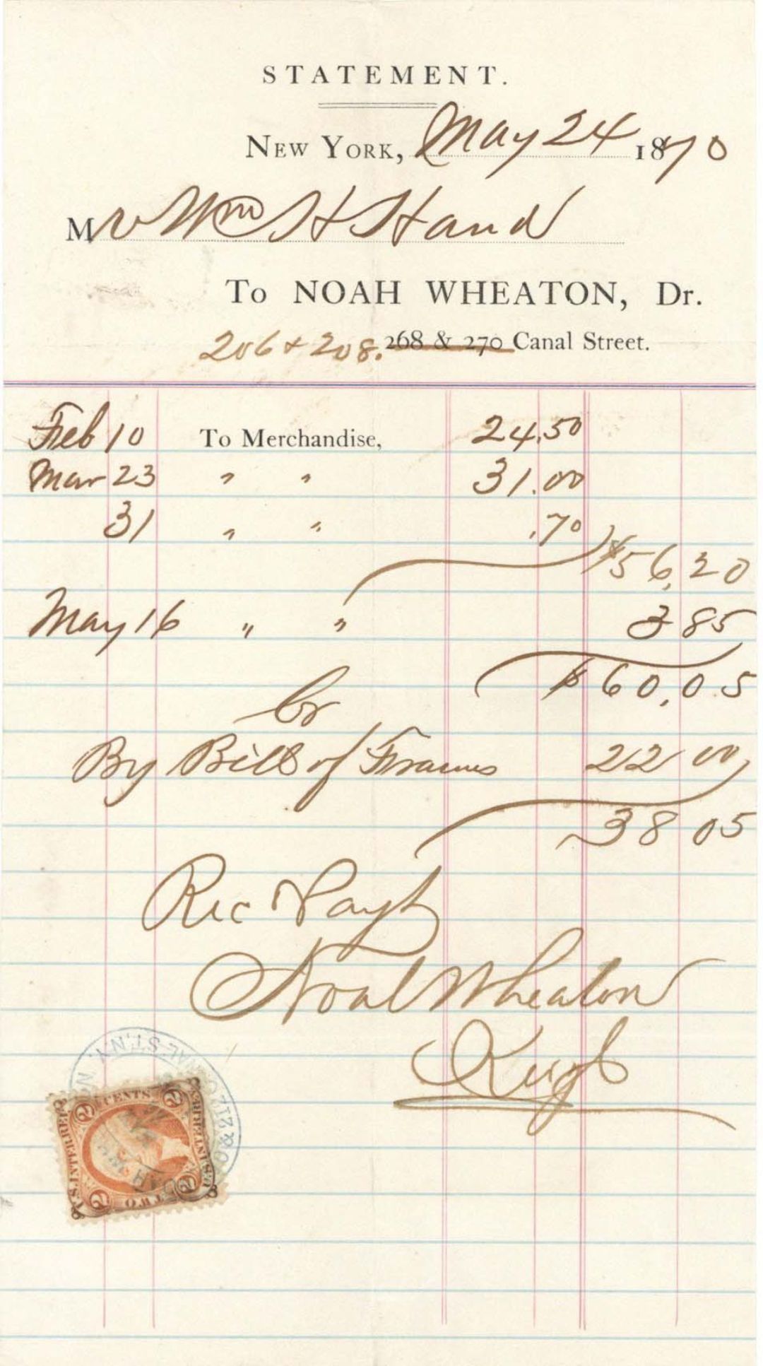 Statement to Noah Wheaton, Dr. with Revenue Stamp - 1870 dated Americana