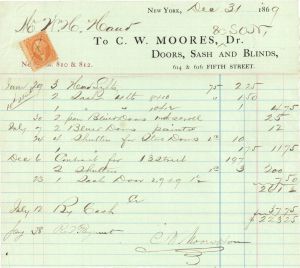 Statement to C.W. Moores, Dr. with Revenue Stamp - 1869 dated Americana
