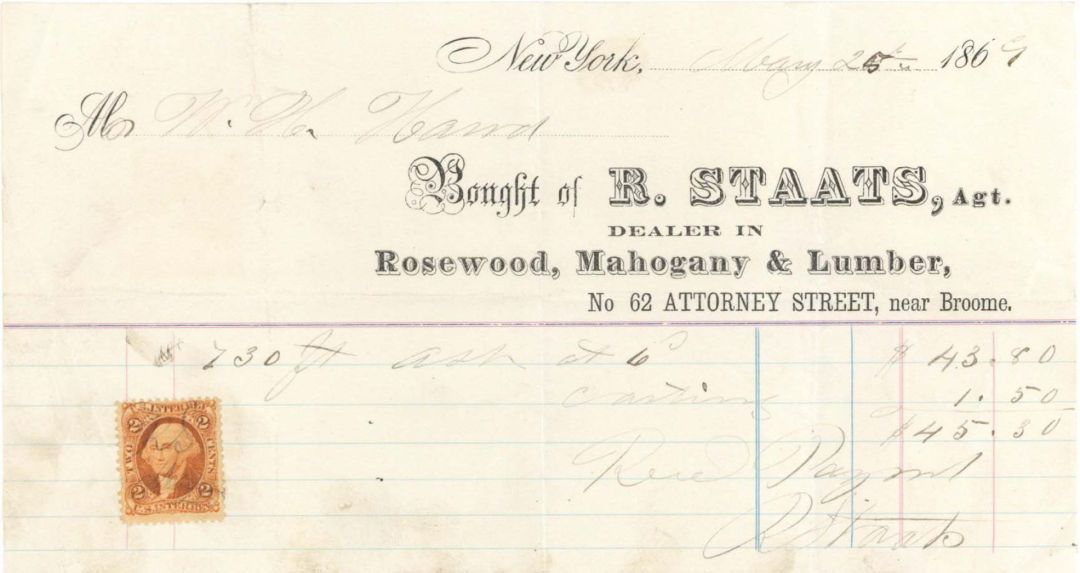 Statement from R. Staats, Agt. with Revenue Stamp - 1869 dated Americana
