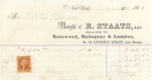 Statement from R. Staats, Agt. with Revenue Stamp - 1869 dated Americana