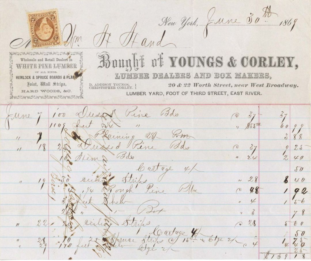 Statement from Youngs and Corley with Revenue Stamp - 1869 dated Americana