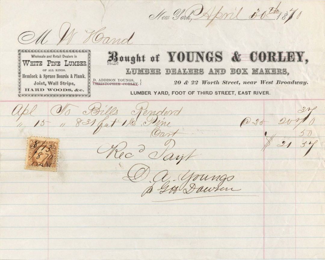 Statement from Youngs and Corley with Revenue Stamp - 1870 dated Americana
