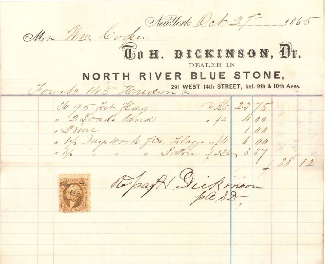 Statement to H. Dickinson, Dr. with Revenue Stamp - 1865 dated Americana