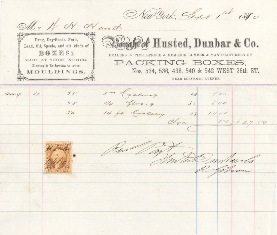 Statement from Husted, Dunbar and Co. with Revenue Stamp - 1870 dated Americana