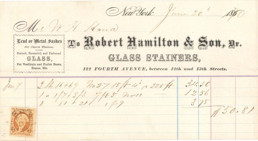 Statement from Robert Hamilton and Son, Dr. with Revenue Stamp - 1870 dated Americana