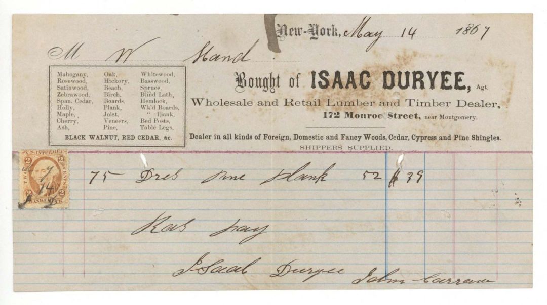 Statement from Isaac Duryee, Agt. with Revenue Stamp - 1867 dated Americana