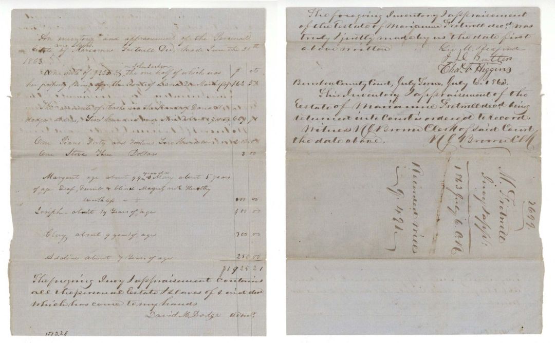 1863 dated Slavery Document - Inventory and Appraisement of Estate - Americana