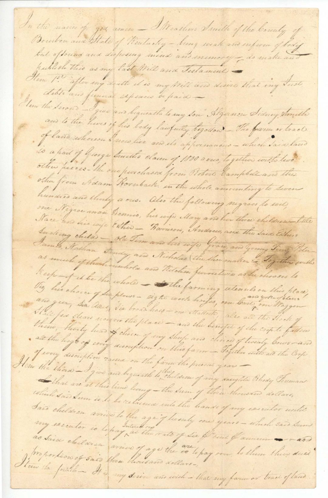 1829 dated Slavery Document - Last Will and Testament of Weathers Smith - Americana