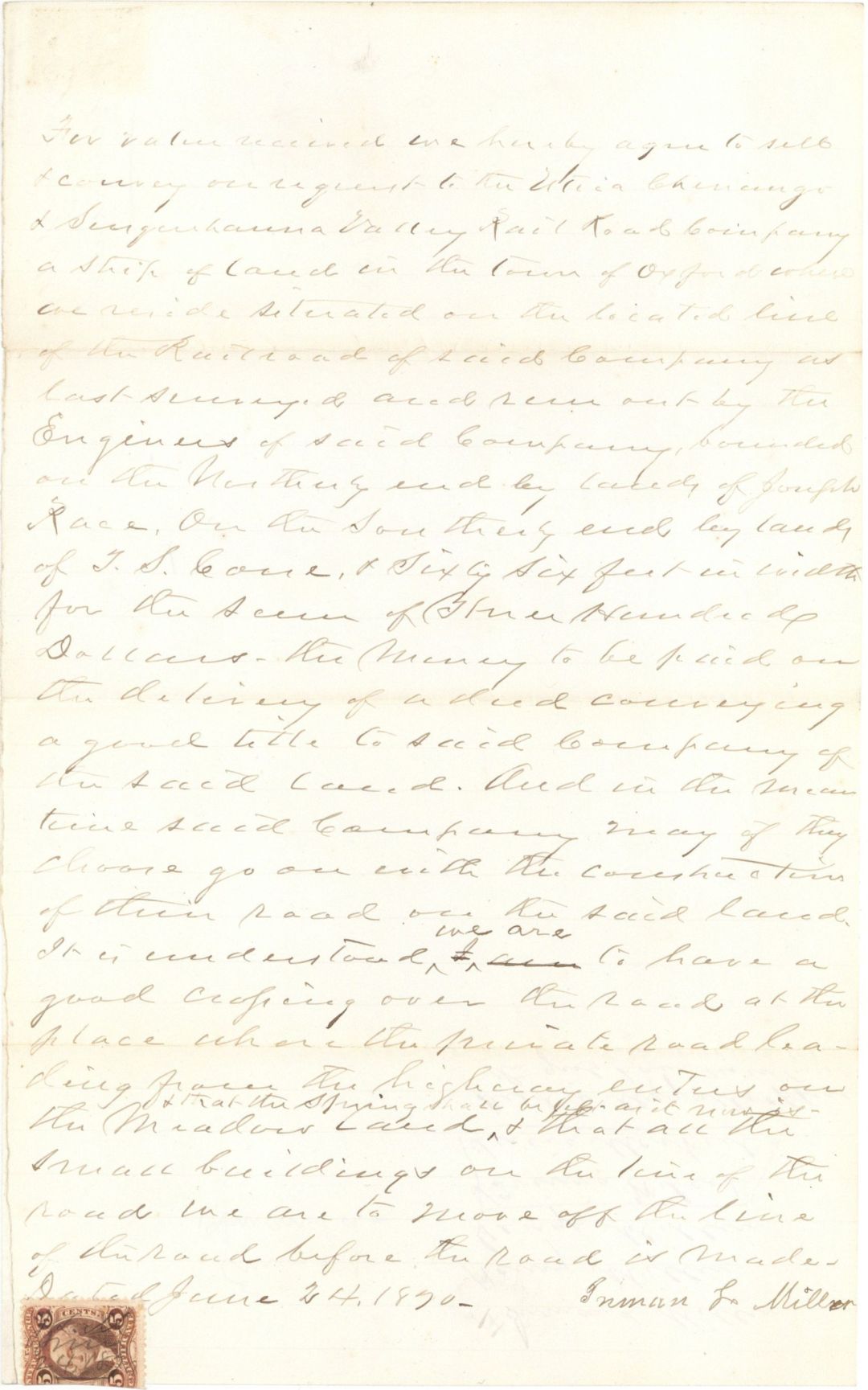 Utica, Chenango and Susquehanna Valley RR Co. Land Sale with Revenue Stamp - 1870 dated Americana
