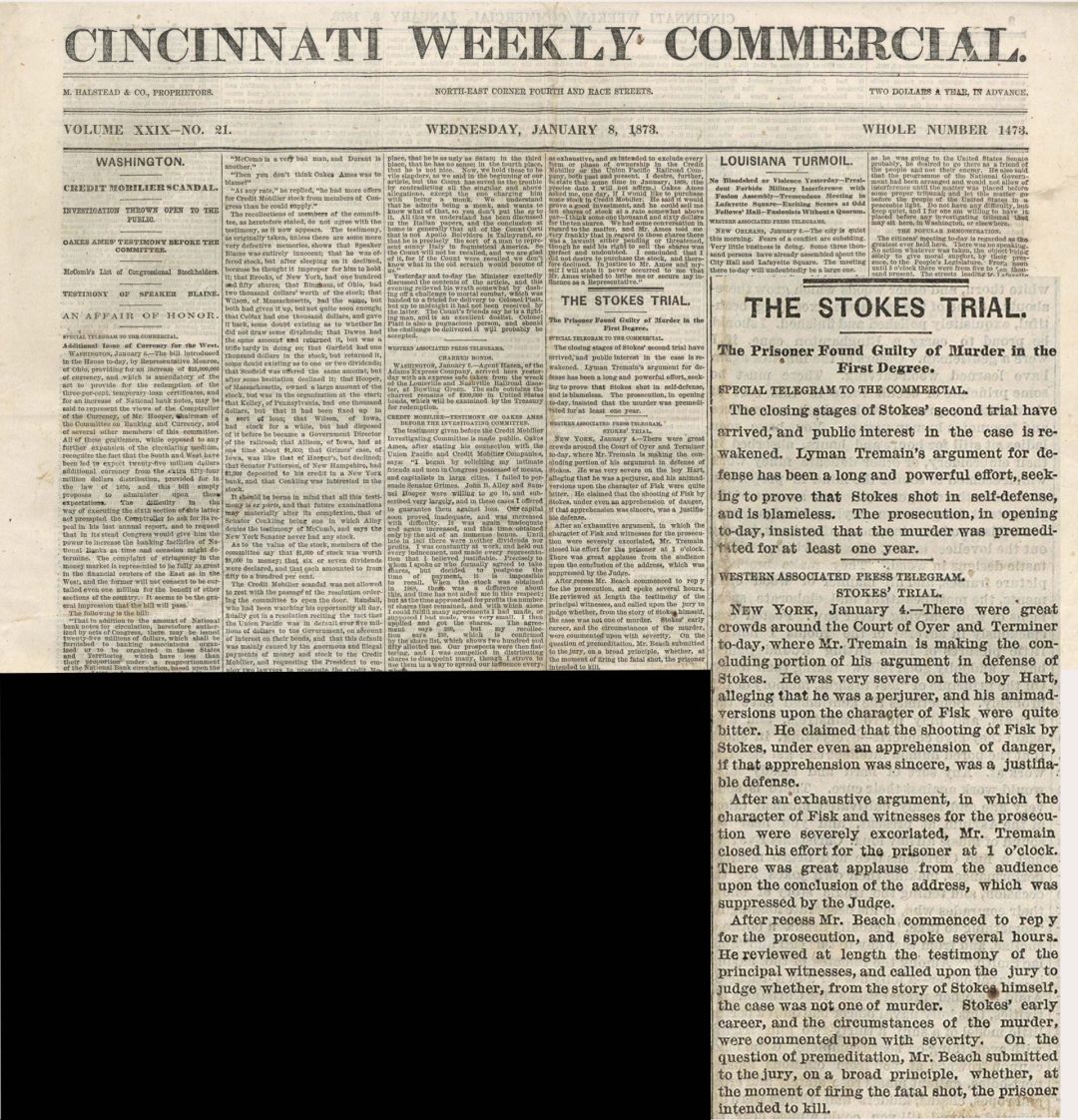 Cincinnati Weekly Commercial Newspaper with Stokes Trial Article -  1873 dated Americana