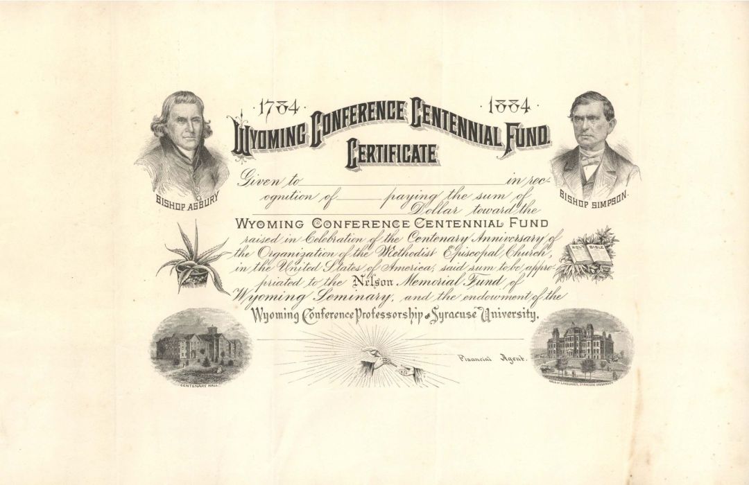 Wyoming Conference Centennial Fund Certificate -  1884 dated Americana