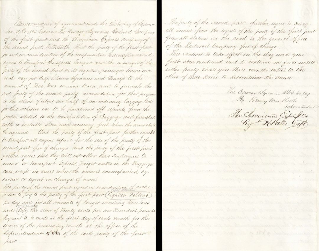 Agreement between AMEX and Oswego and Syracuse Railroad Co. -  1865 and 1866 dated Americana