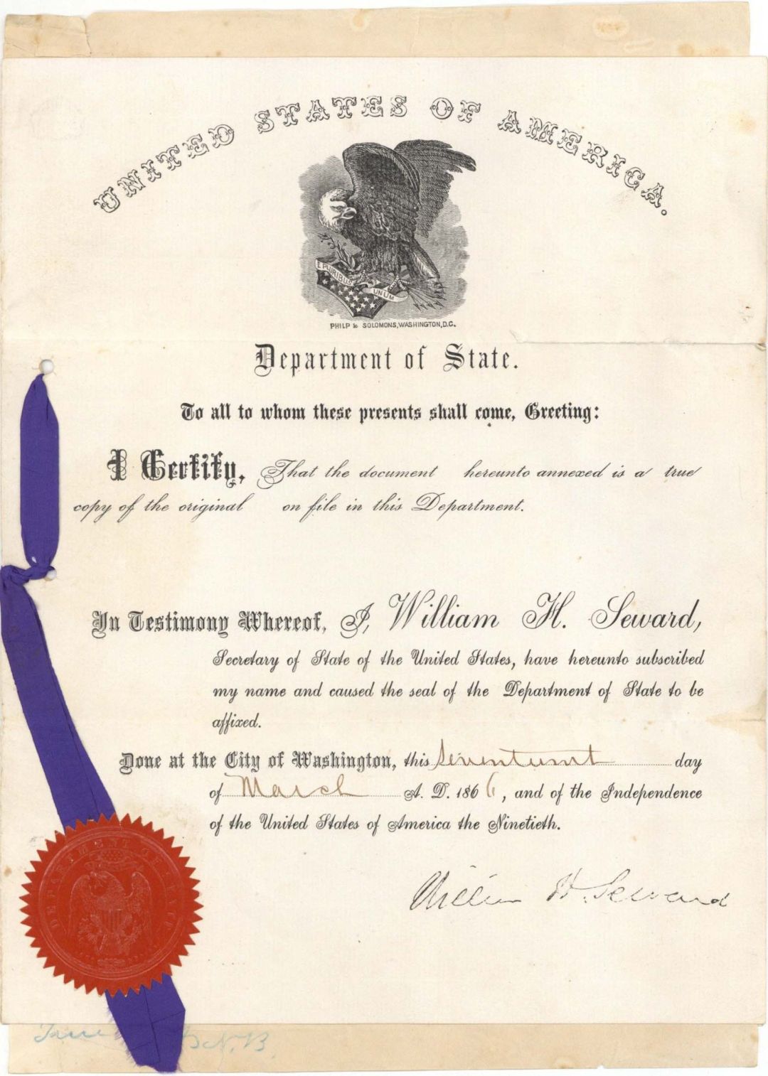 Department of State Document signed by William H. Seward -  1866 dated Slavery Documents from Abraham Ricks Archive