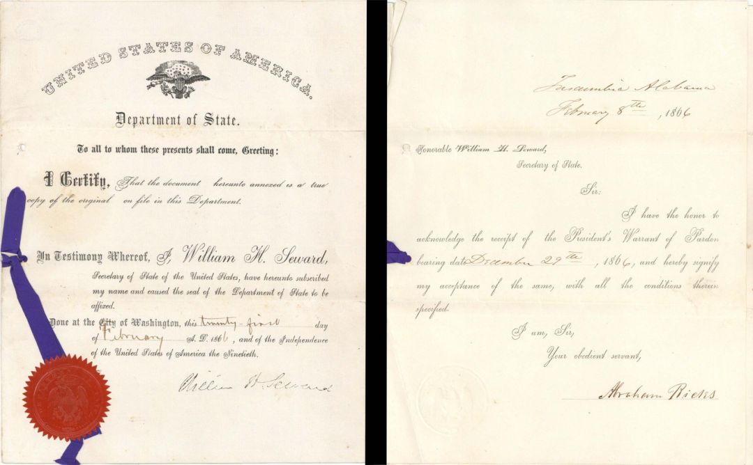 Department of State Document signed by William H. Seward -  1866 dated Slavery Documents from Abraham Ricks Archive