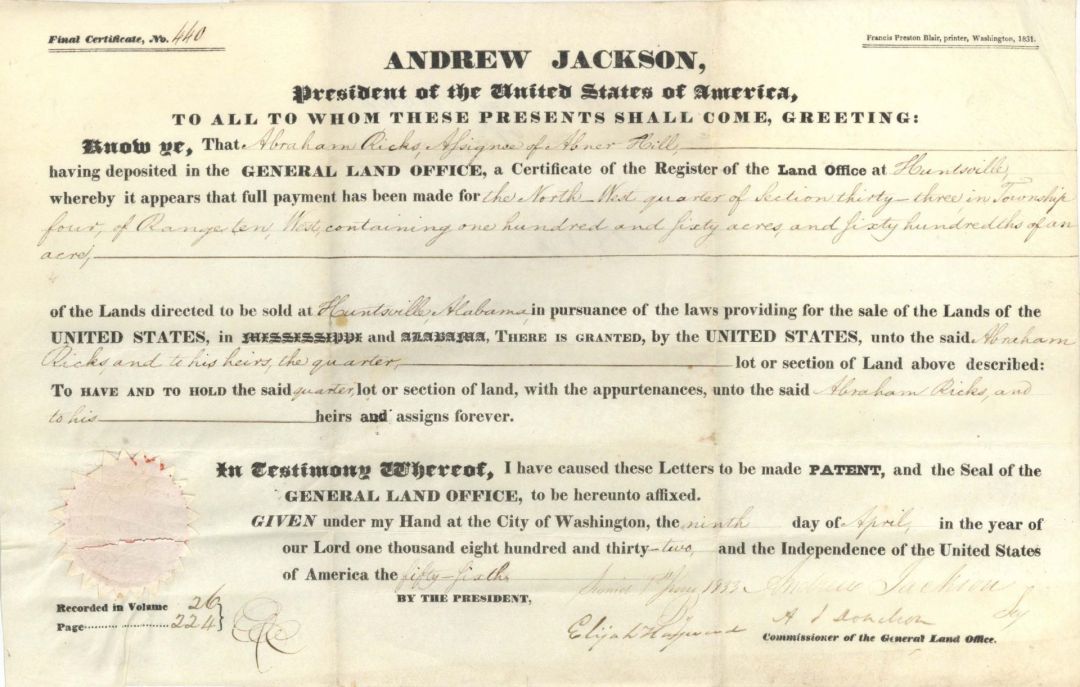 Land Grant signed by Andrew Jackson to Abrahm Ricks - 1832 and 1833 dated Slavery Documents from Abraham Ricks Archive