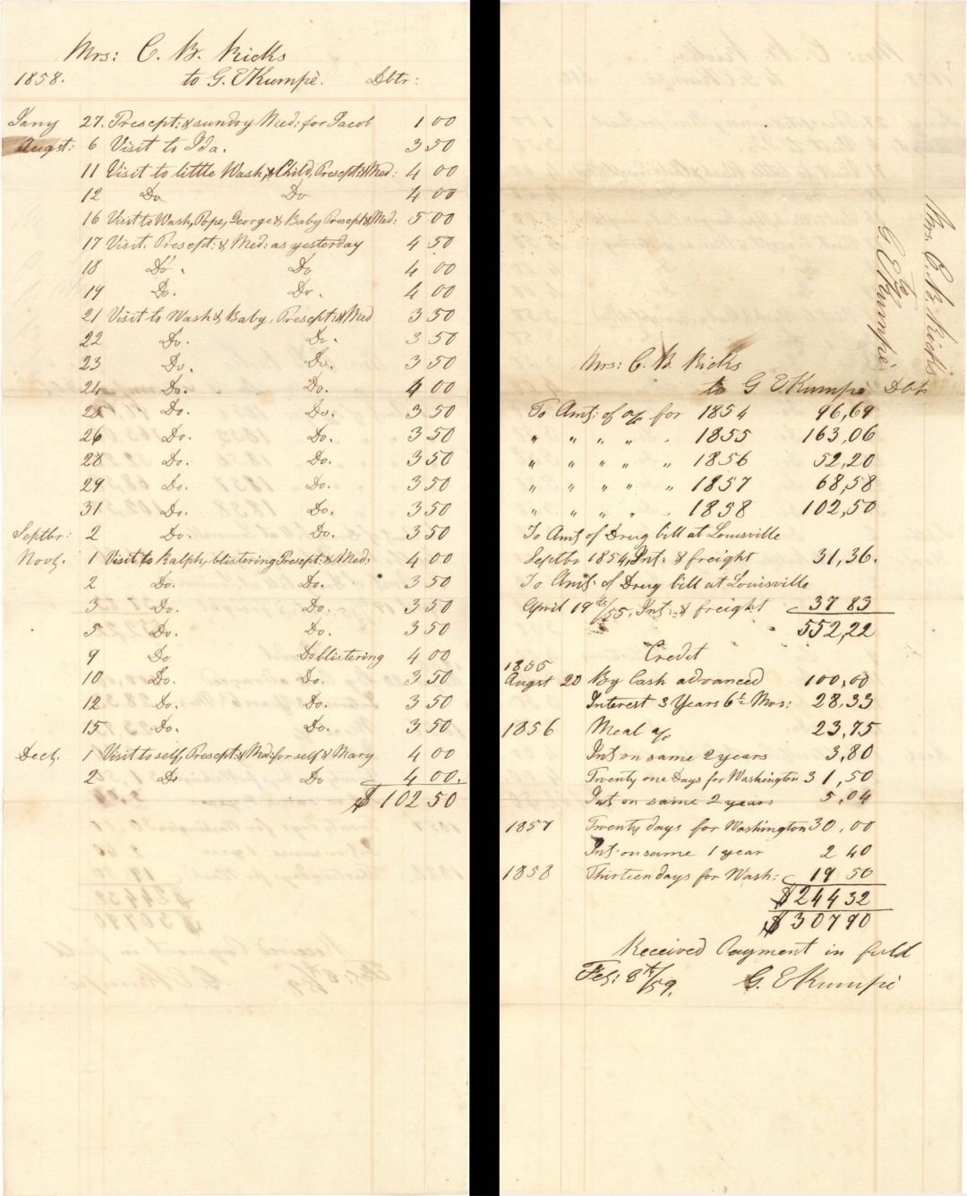 Handwritten Document Details Visits to Slaves of C.B. Ricks - 1858 dated Slavery Documents from Abraham Ricks Archive