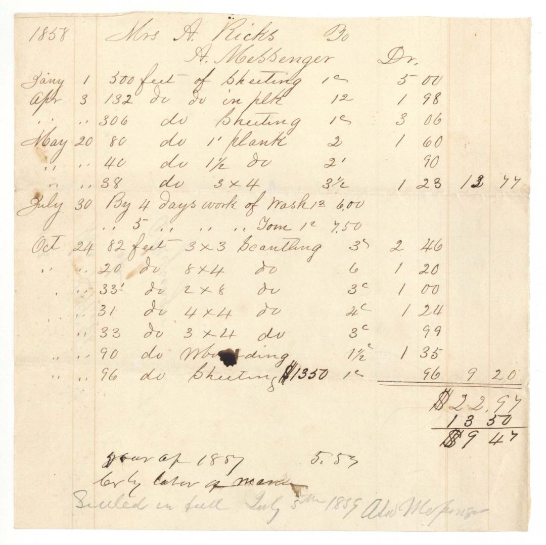 Handwritten Document Lists Plantation Supplys for A. Ricks - 1858 dated Slavery Documents from Abraham Ricks Archive