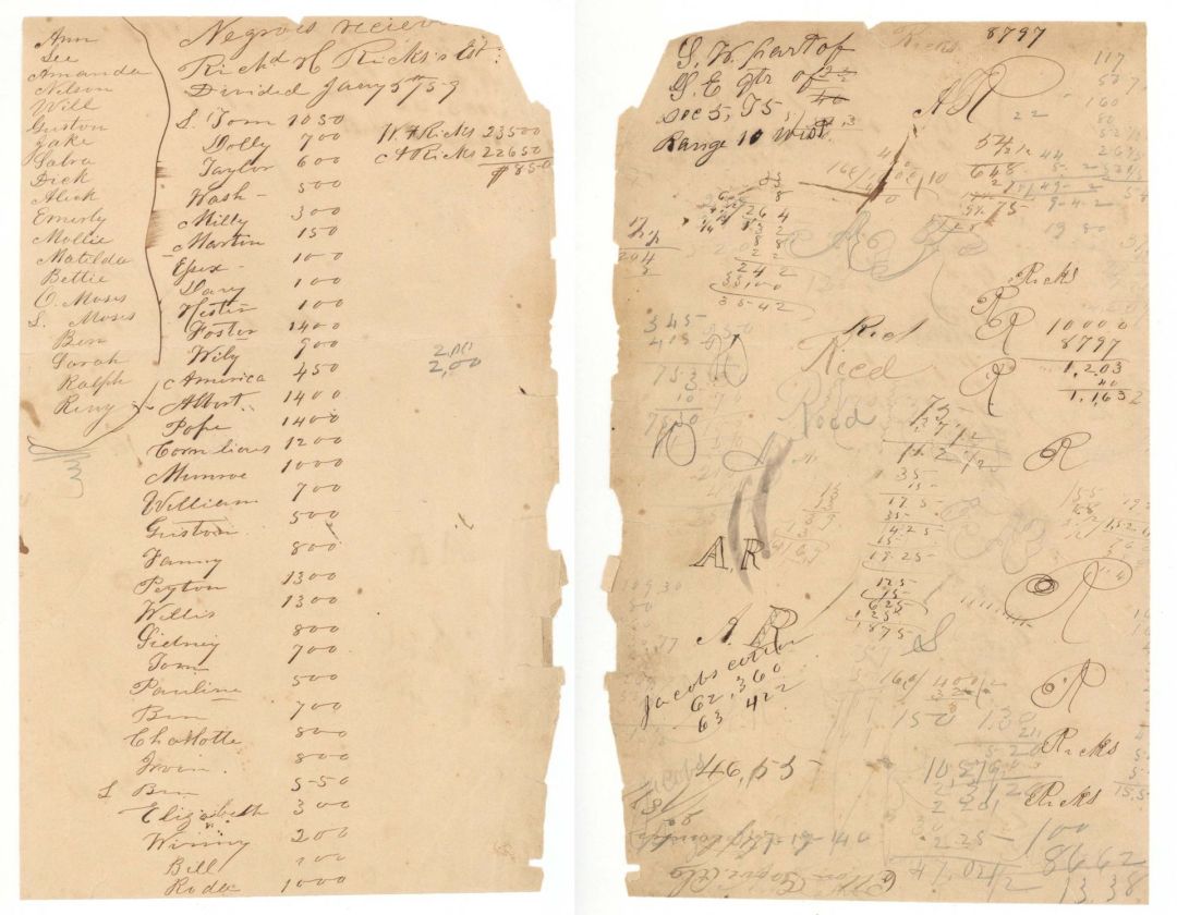 Handwritten Lists of 52 Slaves of A. Ricks - 1859 dated Slavery Documents from Abraham Ricks Archive