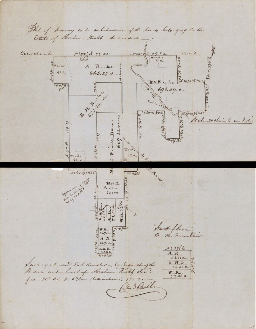 Handdrawn Survey Plot of Abraham Ricks Plantation - 1859 dated Slavery Documents from Abraham Ricks Archive