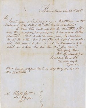Handwritten Inquiry to Purchase Abraham Ricks Plantation - 1856 dated Slavery Documents from Abraham Ricks Archive