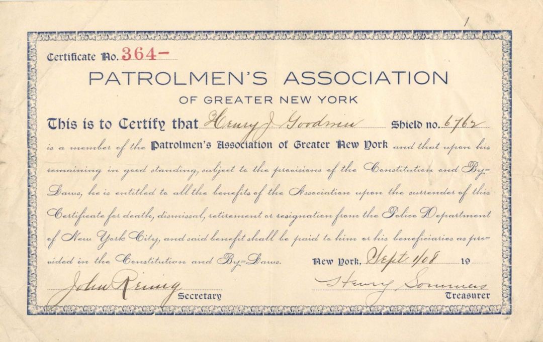 Patrolmen's Association of Greater New York Certificate - 1908 dated Americana