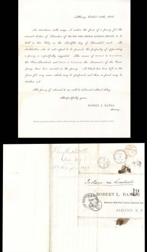 New York Central Railroad Co. Proxy Letter and Cover - 1866 dated Americana