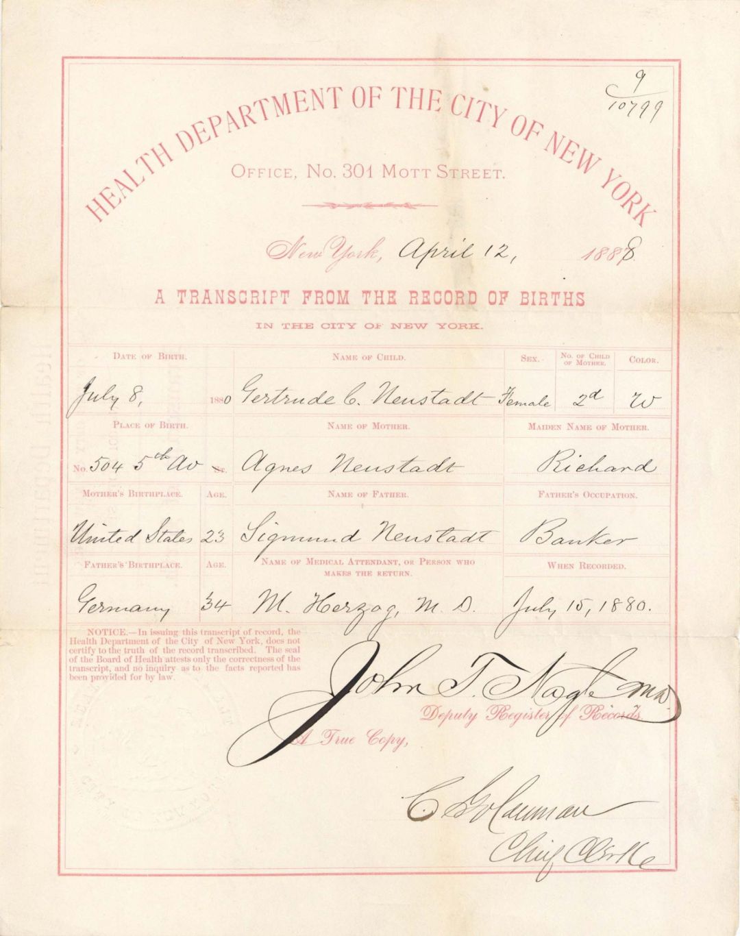 Health Department of the City of New York Birth Certificate - 1888 dated Americana