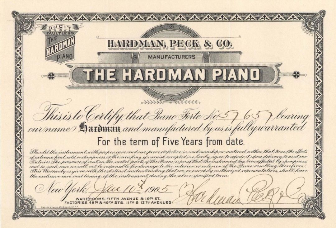 Hardman Piano Warranty - 1905 dated Americana